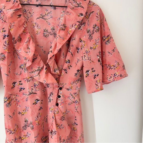 Topshop Floral Ruffle Wrap Mini Dress Size 6 Pink Flared Sleeve - Picture 4 of 7